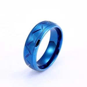 中国制造商钨带8毫米雕刻钨戒指男士蓝色珠宝批发