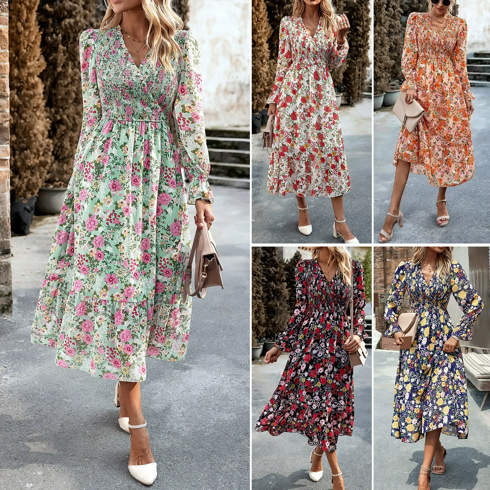 Damen blumenfreizeit Wickeln hohe taille eine Zeile Maxi-Damenkleider Druck V-Ausschnitt Boho-Lange Ärmel Naturhandel Versicherung Erwachsene Satin