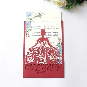 Cheap Wine Red Laser Cut Wedding Invite Custom Princess Quinceanera Invitation Thank You Greeting Card with Envelope