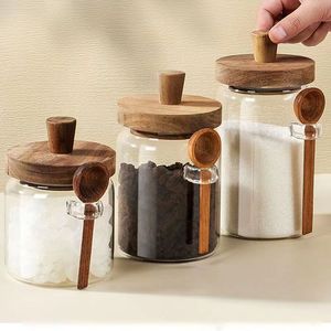 Coffee bean <b>storage</b> <b>jar</b>, high borosilicate glass, acacia wood lid, moisture-proof condiment bottle, <b>kitchen</b> grain <b>storage</b> <b>jar</b> - Product Image 1