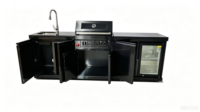 Station de barbecue au charbon de bois 3-en-1 personnalisée en acier inoxydable noir, îlot de cuisson extérieur mobile avec réfrigérateur et évier pour jardin