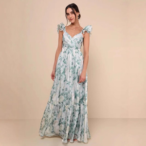 Robe de demoiselle d'honneur à imprimé floral, col en V, manches à volants, longue, verte, en polyester, élégante, pour invitées de mariage - Product Image 1