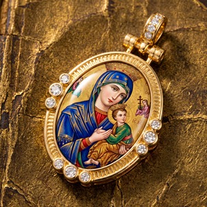 Ciondolo in Ottone con Perle Imitate e Smalto della Madonna del Perpetuo Soccorso, Regalo di Consolazione per Novena, Fornitore di Articoli Religiosi per Festività - Product Image 1