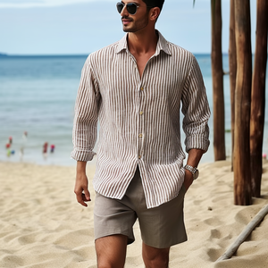 Camisa a Rayas de Manga Larga, Cuello Polo, Cómoda y Holgada, de Lino y Algodón para Hombre, Nueva Colección Primavera-Otoño - Product Image 1