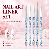 Lot de 5 pinceaux à liner pour ongles, poils en nylon doux, manche acrylique à paillettes, outils de dessin pour nail art, pour salon et manucure à domicile