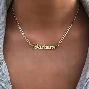 Cuban Chain Necklace Aizhilin Cadena Cubana Personalized Custom Name Gold Plated Stainless Steel Jewelry Cuban Chain Nameplate Pendant Necklace