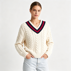 Pull en tricot torsadé pour femme, col en V, blocs de couleur, manches longues, style vintage preppy, pour tenue de campus - Product Image 1