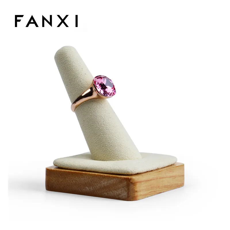 FANXI Custom Beige และสีเทาเข้มสีไม้นิ้วมือ Finger แหวนเครื่องประดับแสดงไมโครไฟเบอร์กรวยยืนแสดงแหวน