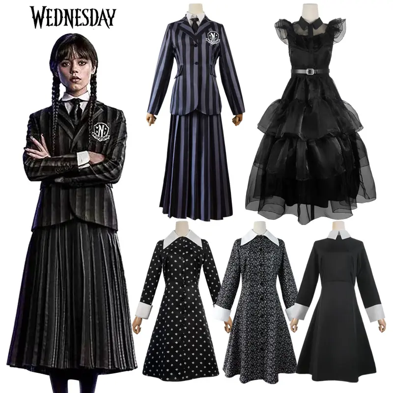 Baige Wednesday Family Cosplay Costume Women Striped School Uniform Coat Vest Tie Shirt Skirt Full Set Halloween Party Clothes