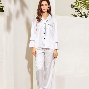 Ensemble de pyjama en satin Fung 6001 pour l'hiver, taille plus, avec haut à manches longues et pantalon long à la cheville, taille élastique, uni - Assorti - Product Image 4