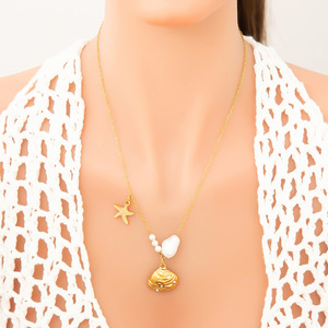 Collier pendentif étoile de mer en nacre pour femme, plaqué or 18 carats, chaîne de clavicule en acier inoxydable, accessoire de bijouterie cadeau - Product Image 1