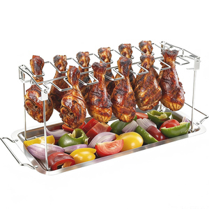 Soporte de Acero Inoxidable con 14 Ranuras para Piernas de <span class=keywords><strong>Pollo</strong></span>, Asador de Muslos de <span class=keywords><strong>Pollo</strong></span> para Parrilla con Bandeja Recolectora de Grasa - Product Image 1