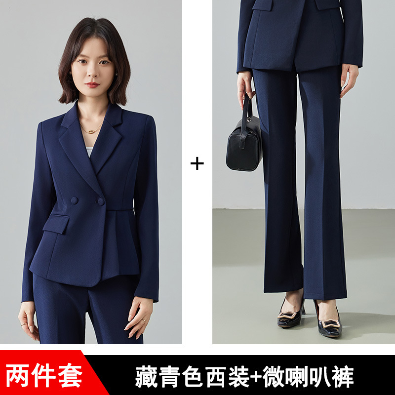 Navy blue suit with slightly flared trousers
