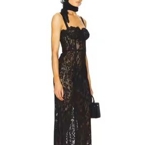 Nouvelle arrivée, prix bas, robe en dentelle d'automne de haute qualité, robe de soirée maxi sans manches, dos nu, col en V profond pour femmes - Product Image 2