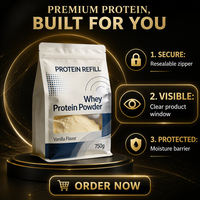 Sachet à soufflet autoportant en gros pour poudre de protéines de qualité alimentaire, idéal pour le supplément de whey saveur vanille, avec logo personnalisé pour le fitness