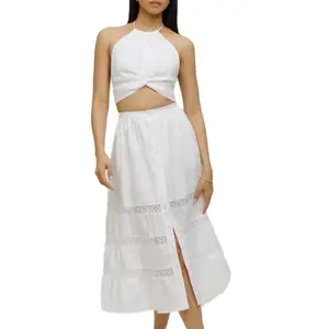 MANNI Linen Open back White Halter Cropped Top And High Rise Button Front Midi Length Skirt Set