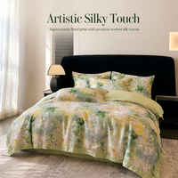 Parure de lit 4 pièces en fibre 100% polyester, effet soie lavée, motif floral, satin rafraîchissant, bordure large, style peinture à l'huile vert luxueux