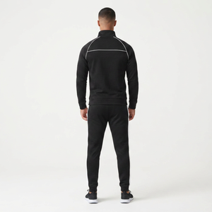 Ensemble de survêtement d'hiver noir 100 % coton avec fermeture éclair, pantalon de jogging léger à col montant, vêtements de sport et de détente avec logo - Product Image 2