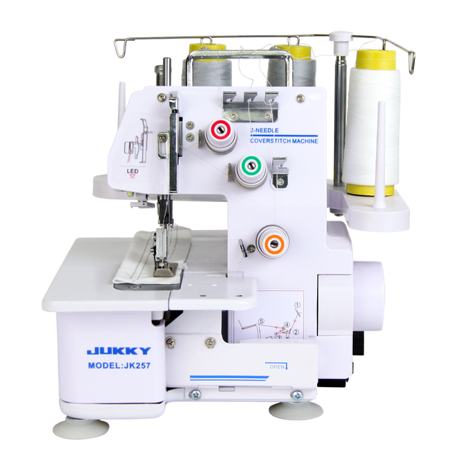 JUKKY Brand for JK257 Manual Overlock Stitch Sewing Machine with Double Needle and Top & Bottom Feed for Garment Use