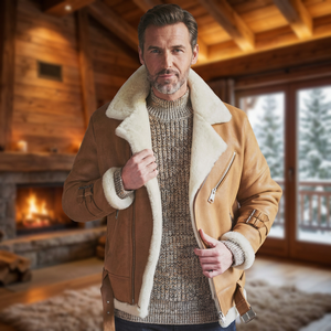 Chaqueta de Motero para Hombre de Cuero Genuino Marrón con Forro de Piel Sintética, Cierre de Cremallera, Estilo Moto, Abrigo Grueso y Cálido para Invierno - Product Image 4