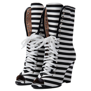 Botas Femininas Peep Toe com Listras Pretas e Brancas, Salto Alto em Wedge, Botas até o Joelho, Tamanho Grande 45, Sandálias de Verão com Cadarço - Product Image 5