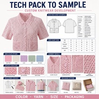 Cardigan en tricot crocheté rose pour femme, personnalisé OEM ODM, à manches courtes, boutonné, ajouré, avec poches plaquées