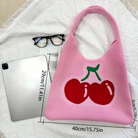 Sac fourre-tout en tricot rose cerise avec motif fruitier, sac à bandoulière souple, sac de shopping en maille ouverte, emballage avec logo tricoté, faible MOQ, vente en gros