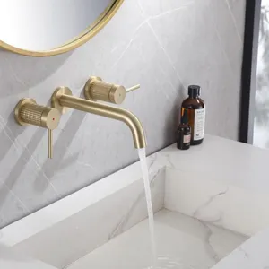 Concealed 3 Holes Brass Water Tap Design Basin Faucet By Wall Mounted In Gold Finish 2 Handles Bathroom Sink Faucet