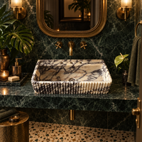 Lavabo en marbre Calacatta Viola poli, à montage irrégulier, avec drain à trou unique, pour salle de bain d'hôtel