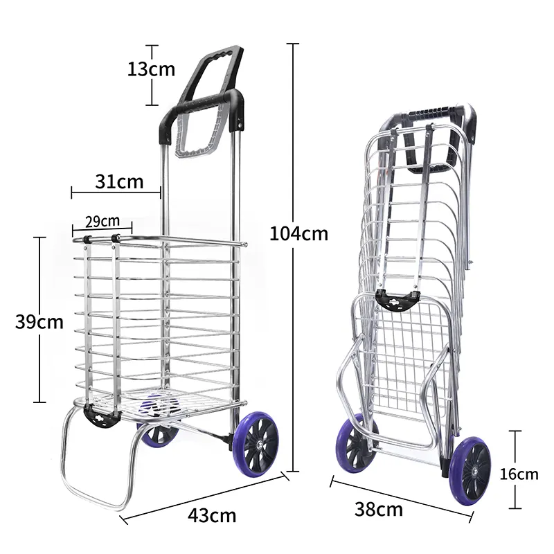 Portable Grocery Utility Cart with 2 Wheels and Oxfords Bag Foldable Utility Shopping Cart  Aluminum Alloy Grocery Cart