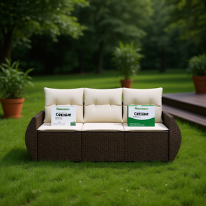 Brown Garden <b>Sofa</b> Set With Cream Cushions Outdoor <b>Rattan</b> Furniture Waterproof Contemporary Design - Product Image 2