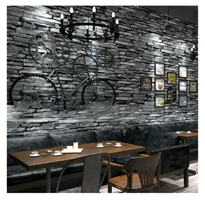 Retro and nostalgic 3D brick pattern red brick black brick stone PVC wallpaper coffee shop