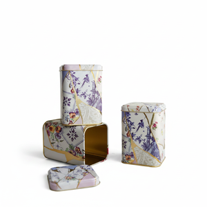 Square Metal <b>Canister</b> <b>Set</b> – 87x87x125 mm (<b>Set</b> of 3) Kintsugi Gold vein Flower Kint Sugi Design - Product Image 2