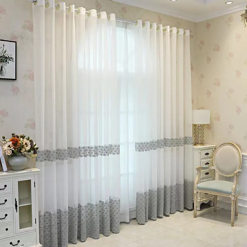 Simple and modern style printing white sheer embroidered voile curtain for bedroom living room