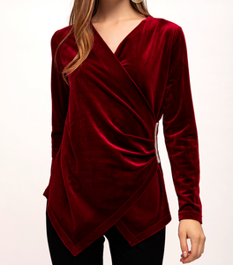 Camicetta alla moda in velluto Vintage con scollo a V per <span class=keywords><strong>donna</strong></span> Design <span class=keywords><strong>marrone</strong></span> personalizzato con paillettes autunno/primavera a maniche lunghe anteriore per il commercio all'ingrosso - Product Image 1