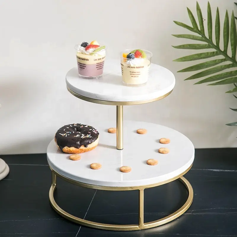 China White Turntable Rotatable Marble 2 Tier Metal Cake Round Shape Pastry Stand Metal Base Cake Stand with Gold Rim