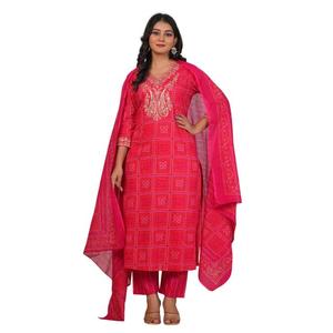Kurti Bhandej con estampado y bordado, Kurta de algodón con pantalones y Dupatta, producto hecho a mano al por mayor, personalizado - Product Image 2