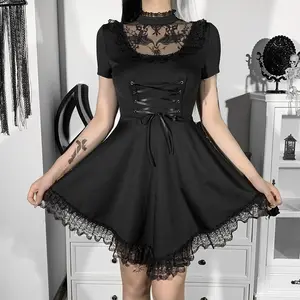 Gothic Vintage Velvet Dress Aesthetic Punk Hight Waist Lace Tirm Mesh Mini Dresses Fairy Grunge Party club Dress