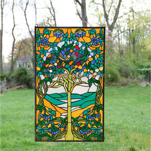 5mm Thickness Solid Wholesale Customized Scenic Tree Tiffany Stained Art Glass <b>Window</b> Hanging Panel Hotel Dining Door decoration - Product Image 6