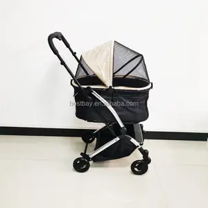 Luxury lightweight Easy Folding portable dog cat travel stroller cart and removable canopy beige color of Pet Dog Stroller