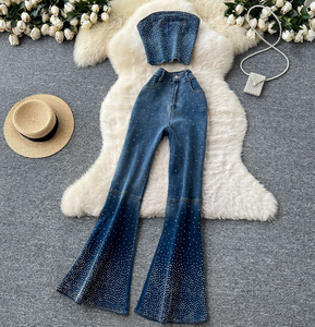 Ensembles <span class=keywords><strong>en</strong></span> <span class=keywords><strong>jean</strong></span> pour femmes, costume <span class=keywords><strong>en</strong></span> <span class=keywords><strong>jean</strong></span> pour femmes avec paillettes, haut sans manches dos nageur et pantalon évasé taille haute, tendance - Product Image 1
