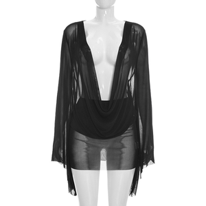 Vestido de verano sexy transparente para mujer, con cuello bajo, sin espalda, manga acampanada, estilo coquette, para fiesta de medianoche, ajustado al cuerpo. - Product Image 5