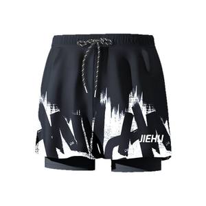 JIEHUI Short de bain pour homme à séchage rapide, double couche, imprimé, noir, blanc, bleu, taille adulte, coupe ample - Product Image 1