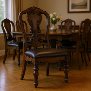 Traditional Dark <b>Oak</b> Dining Chair Faux Leather Padded Seat Wood <b>Frame</b> Antique Style Home Furniture - Product Image 2