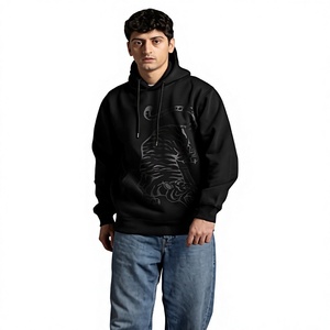 Sudadera con Capucha Negra para Hombre, Estampado de Tigre en Relieve, Tejido Informal, Corte Regular, para Otoño - Product Image 2