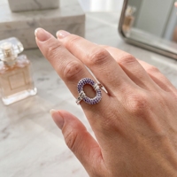 S925 Sterling zilveren ring met paarse kubische zirkonia, bezel-setting, ovale holle geometrische CZ, luxe ring voor bruiloft of feest