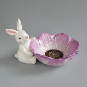 Mangkuk Salad Buah Tulip Ungu Romantis, Kelinci Lucu Merah Muda dengan Mangkuk Berbentuk Bunga dan Mangkuk Keramik Kreatif
