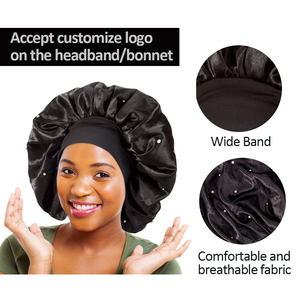 Bonnet de couleur unie en perles de diamant, doux, double couche, soyeux, surdimensionné, large bande, chapeau de sommeil en satin - Product Image 5