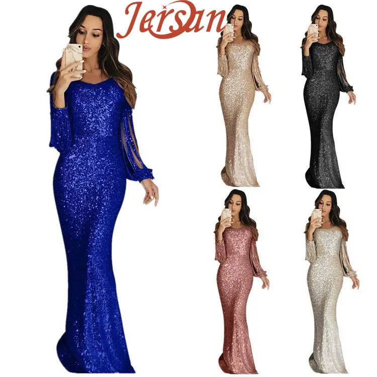 Formal Women Sexy Ladies Clothing Fashion Tassel Long Sleeve Cocktail Banquet Party Maxi Sequin Evening Dress Drees Clothes