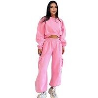 Ensemble de survêtement rose 2 pièces pour femme : sweat-shirt court à manches longues et pantalon cargo large – Tenue décontractée streetwear